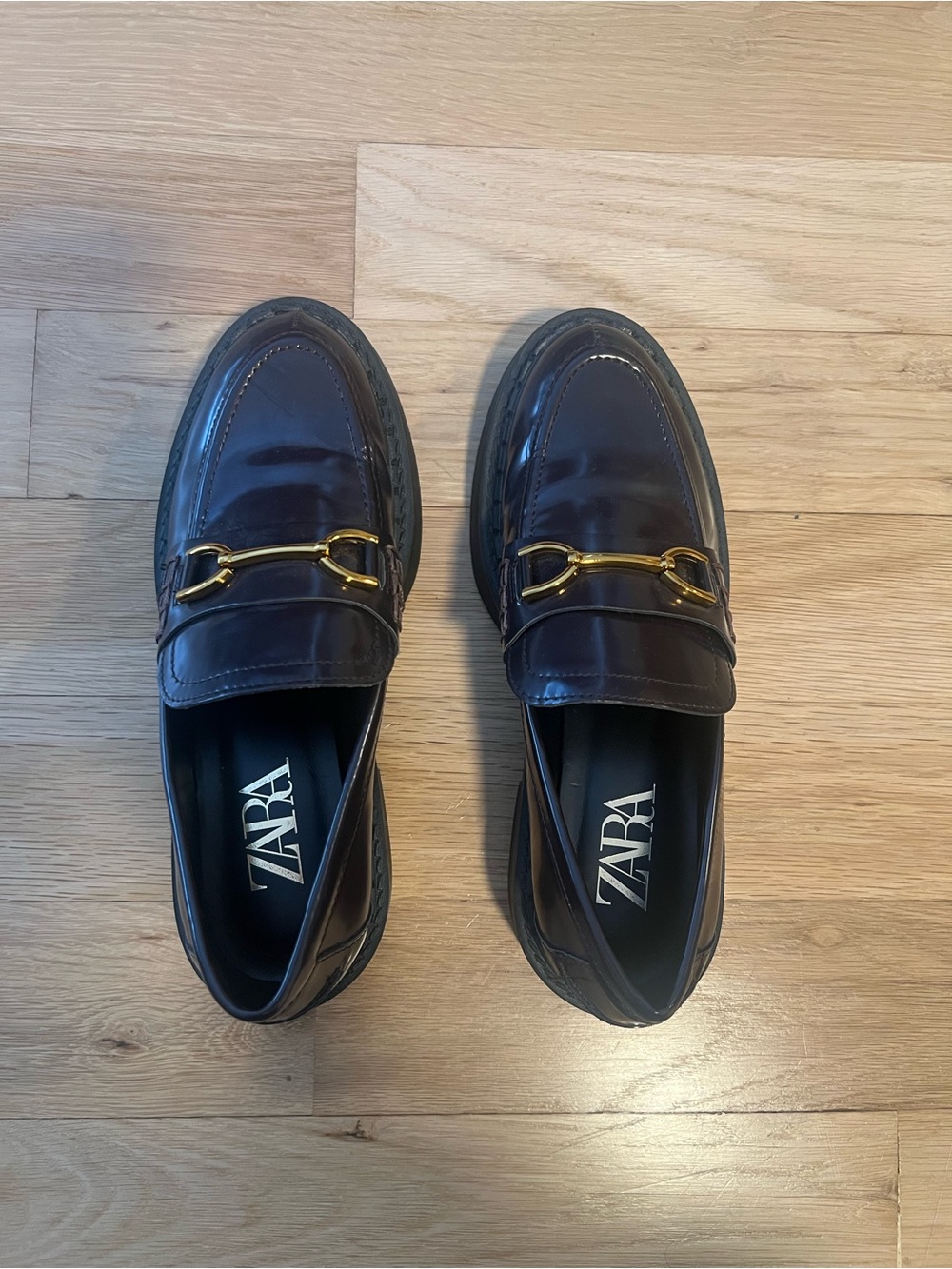Zara Dark Brown Patent Leather Loafers with Gold Horsebit